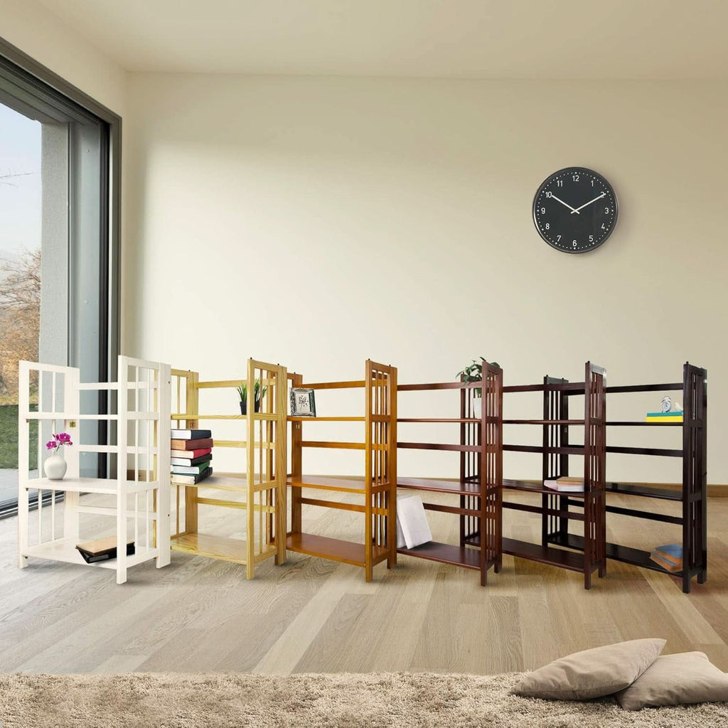 Three Shelf Folding Stackable Bookcase 27.5 Inch Wide Espresso Wood Home Office Storage