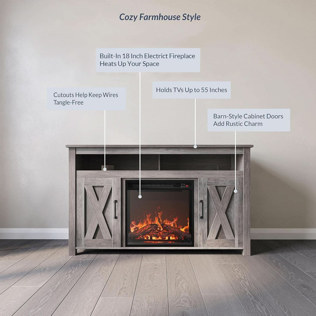 48 Inch Grey Wash TV Stand With Electric Fireplace