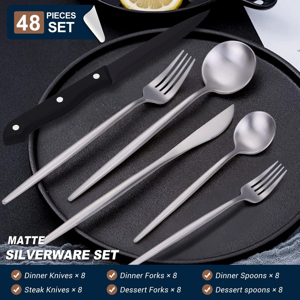 Euirio 48-Piece Matte Silverware Set Steak Knives Flatware Set For 8 Stainless