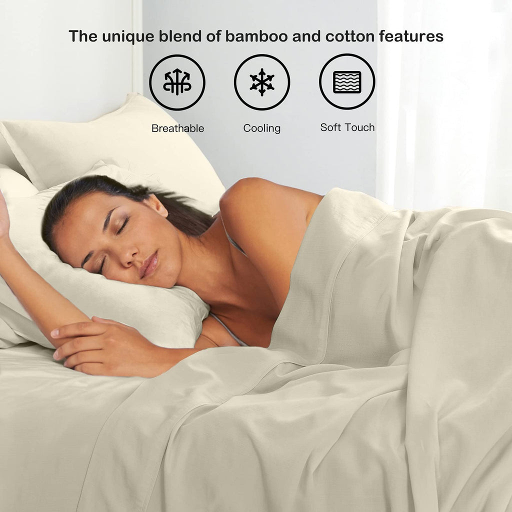 Pandatex Beige Linen-Textured Bed Sheets Set Bamboo Rayon Cotton Linen Blend