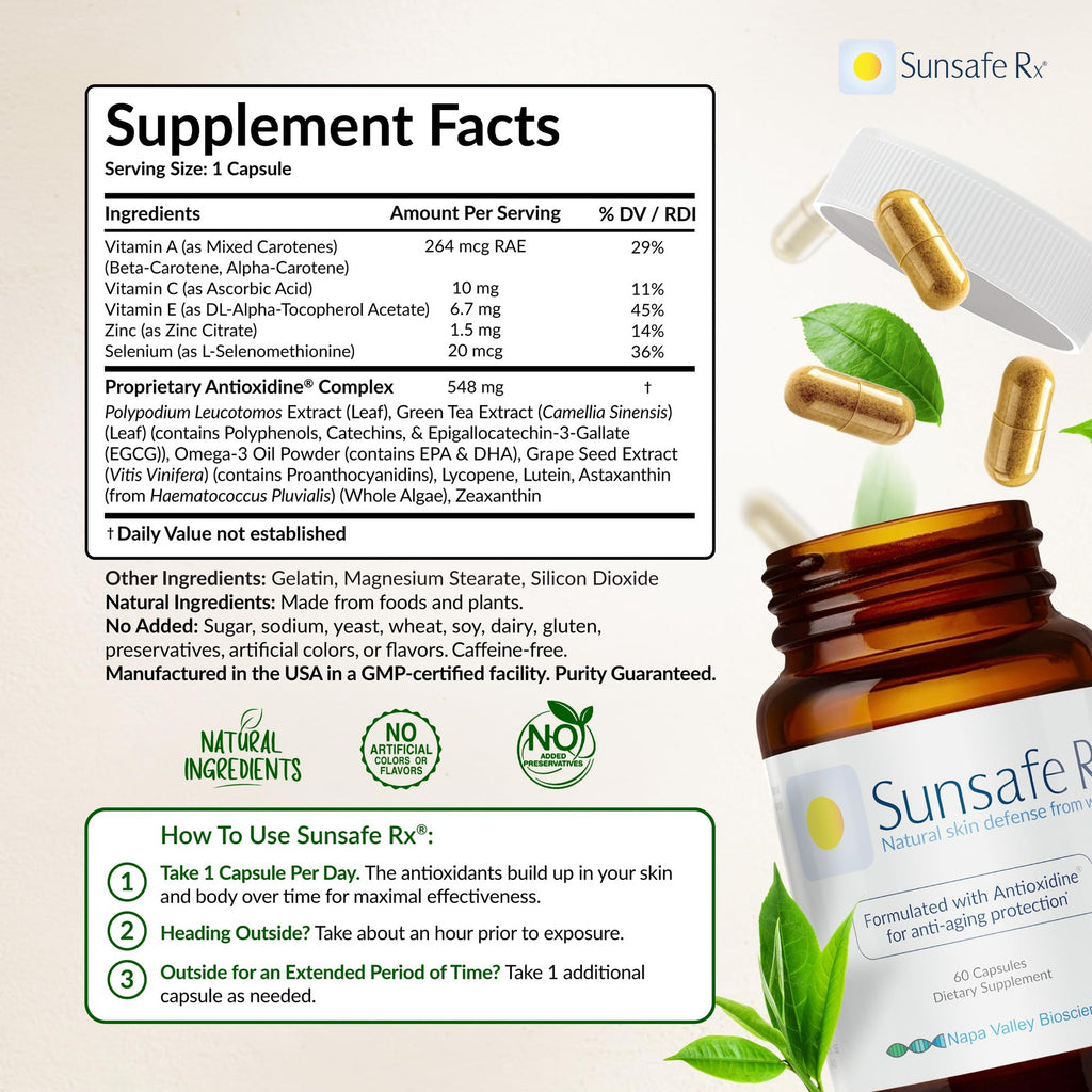 Sunsafe Rx Anti Aging Supplement Natural Skin Protection Pills Antioxidants For