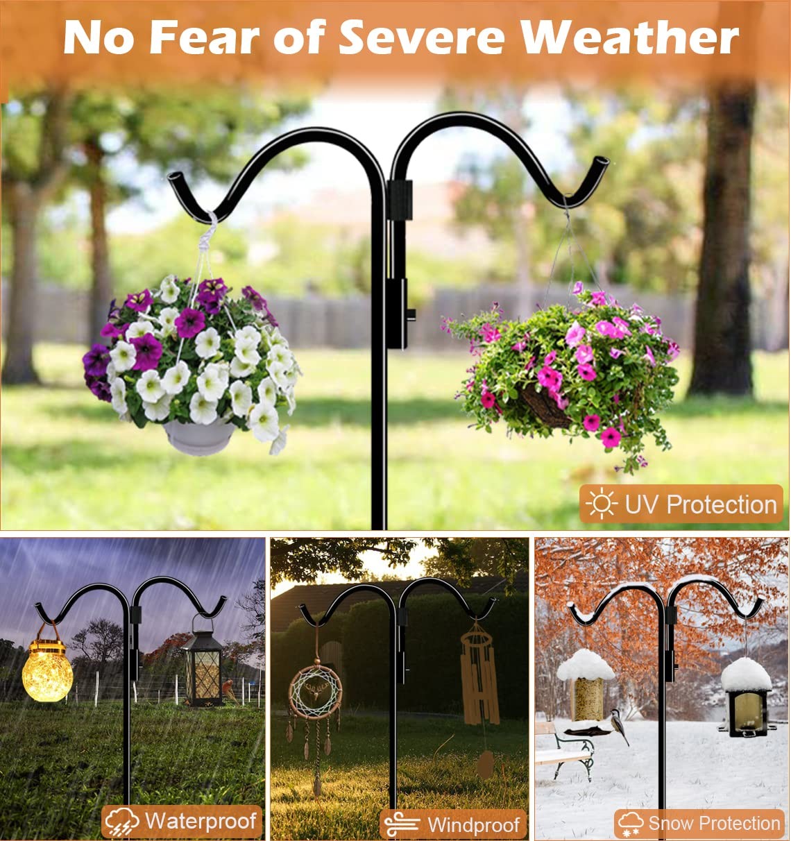 Anbaimei 60 Inch Double Shepherds Hook For Outdoor 5 Prong Base Adjustable