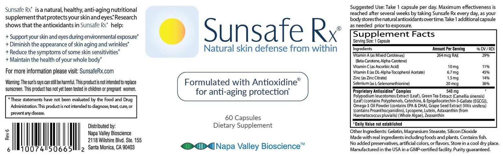 Sunsafe Rx Anti Aging Supplement Natural Skin Protection Pills Antioxidants For