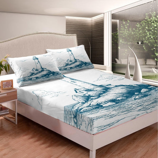 Erosebridal Lighthouse Fitted Sheet Twin Size Nautical Bedding Set Sea Wave