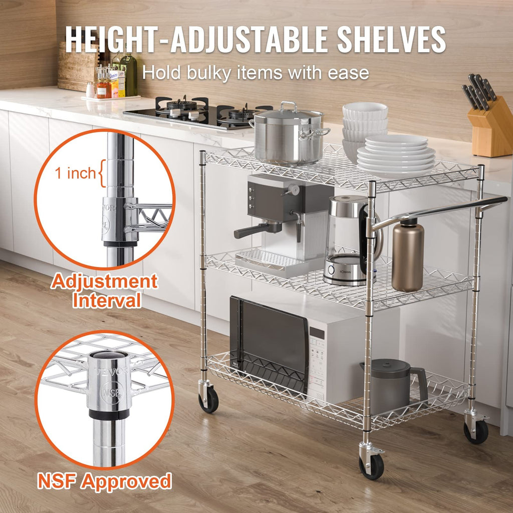Vevor Kitchen Utility Cart 3 Tiers Wire Rolling Table 661 Lbs Capacity Steel