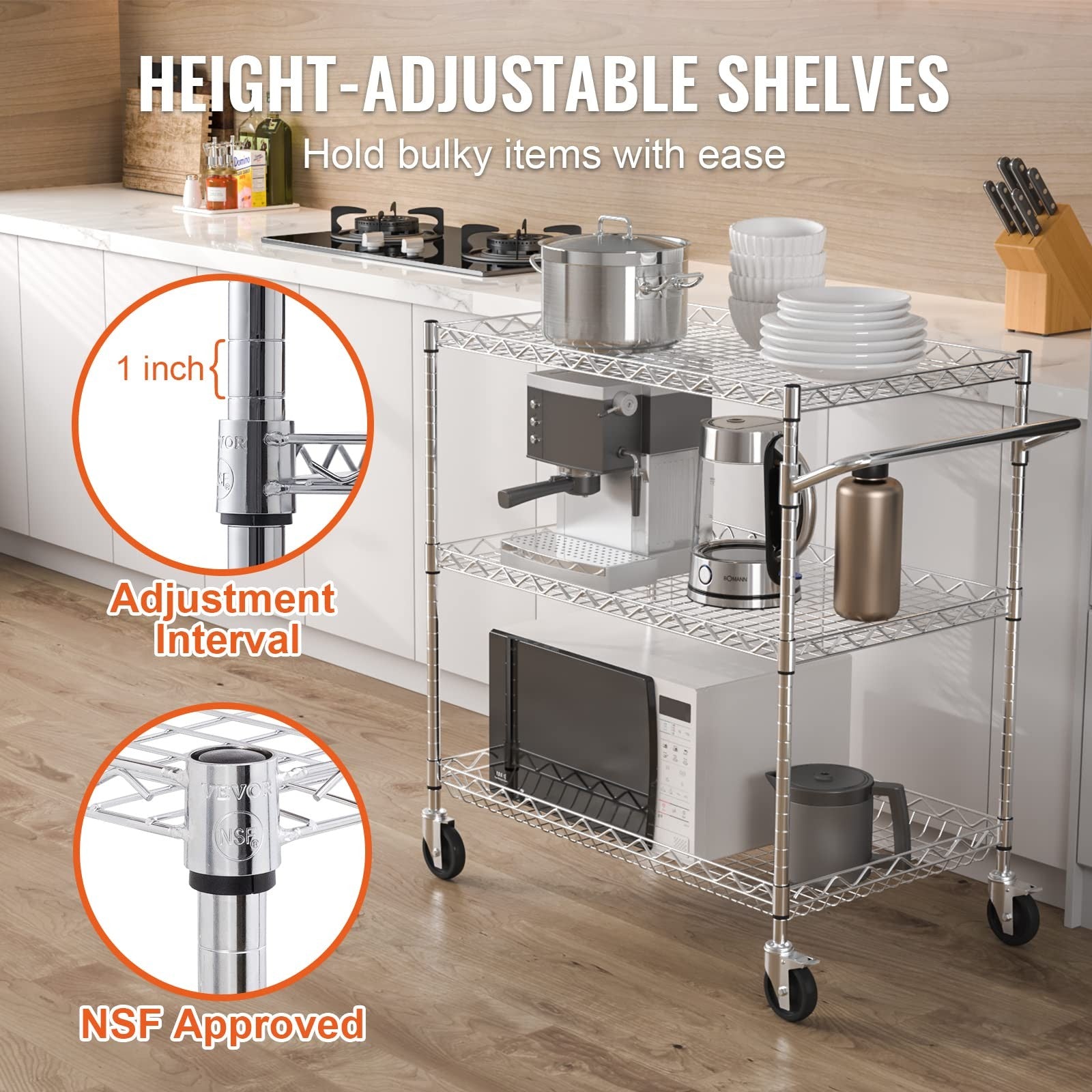 Vevor Kitchen Utility Cart 3 Tiers Wire Rolling Table 661 Lbs Capacity Steel