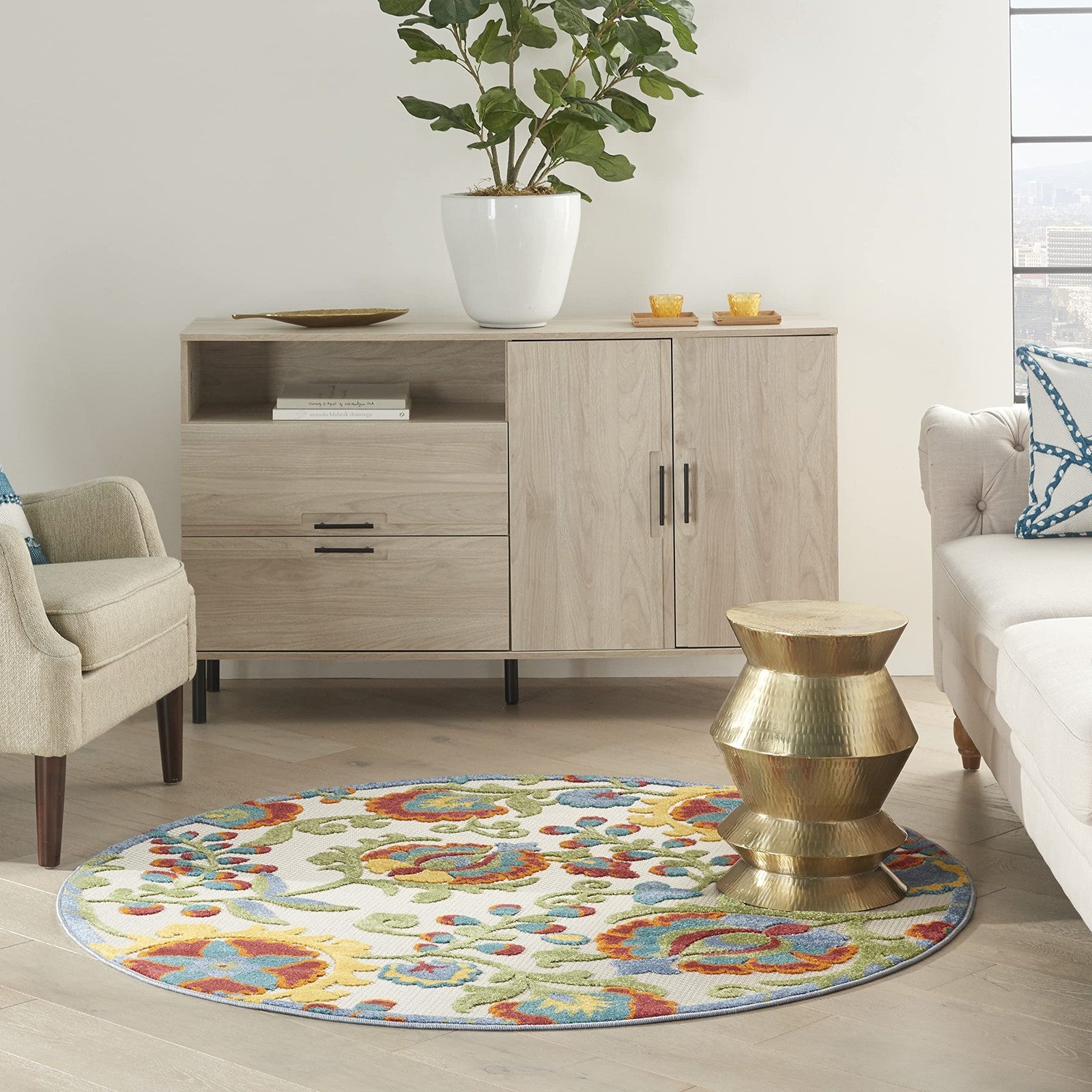 Nourison Home Aloha Ivory Multicolor 53 X Round Area Rug - Easy Clean Non