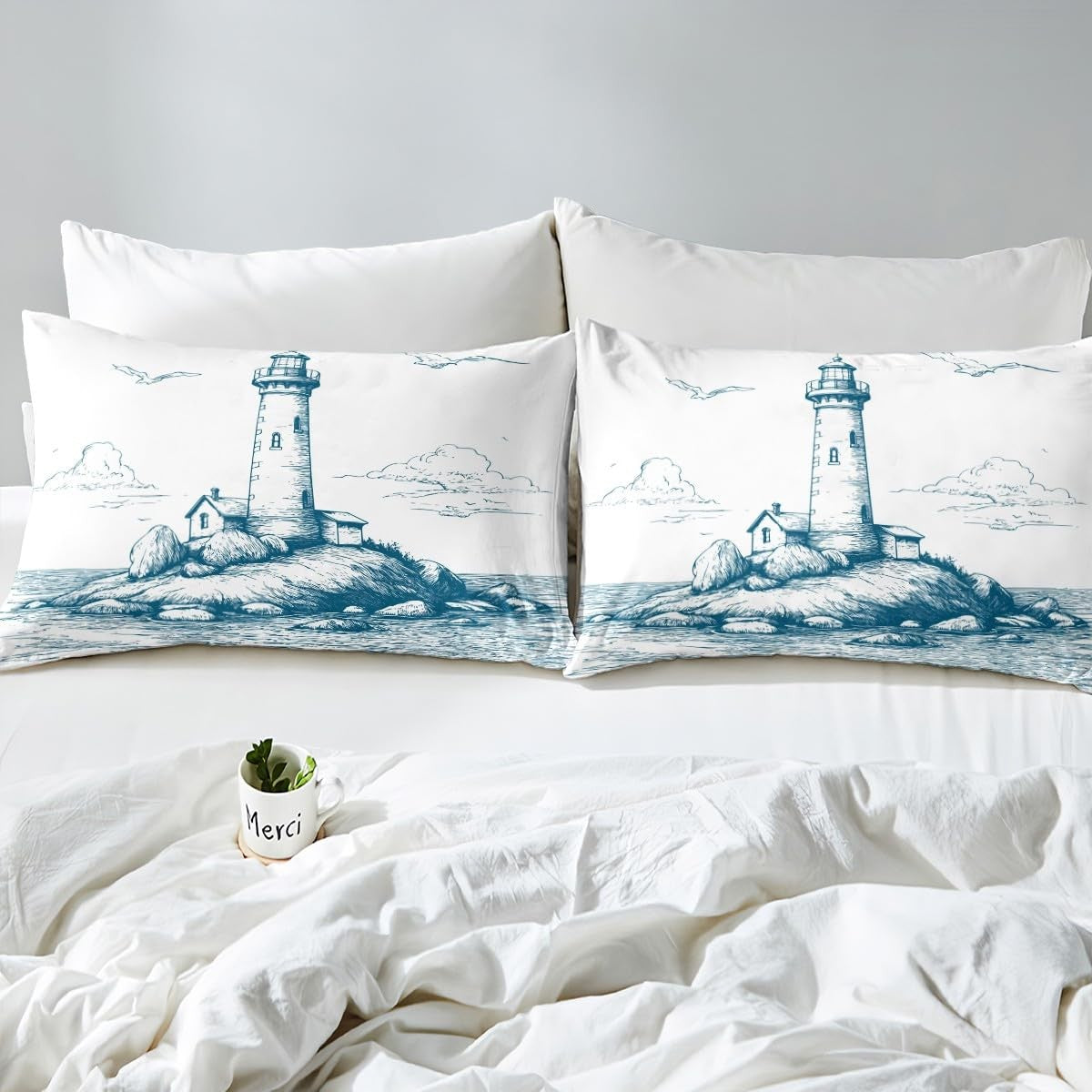 Erosebridal Lighthouse Fitted Sheet Twin Size Nautical Bedding Set Sea Wave