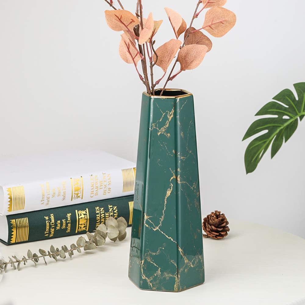 Hchlqlz 12Inch Green Gold Finish Marble Ceramic Flower Vase Home Decor Vase And