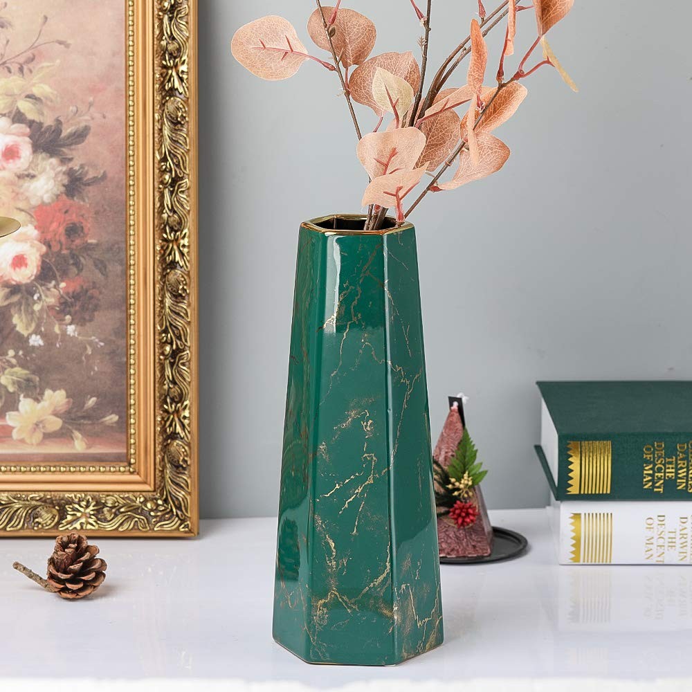 Hchlqlz 12Inch Green Gold Finish Marble Ceramic Flower Vase Home Decor Vase And