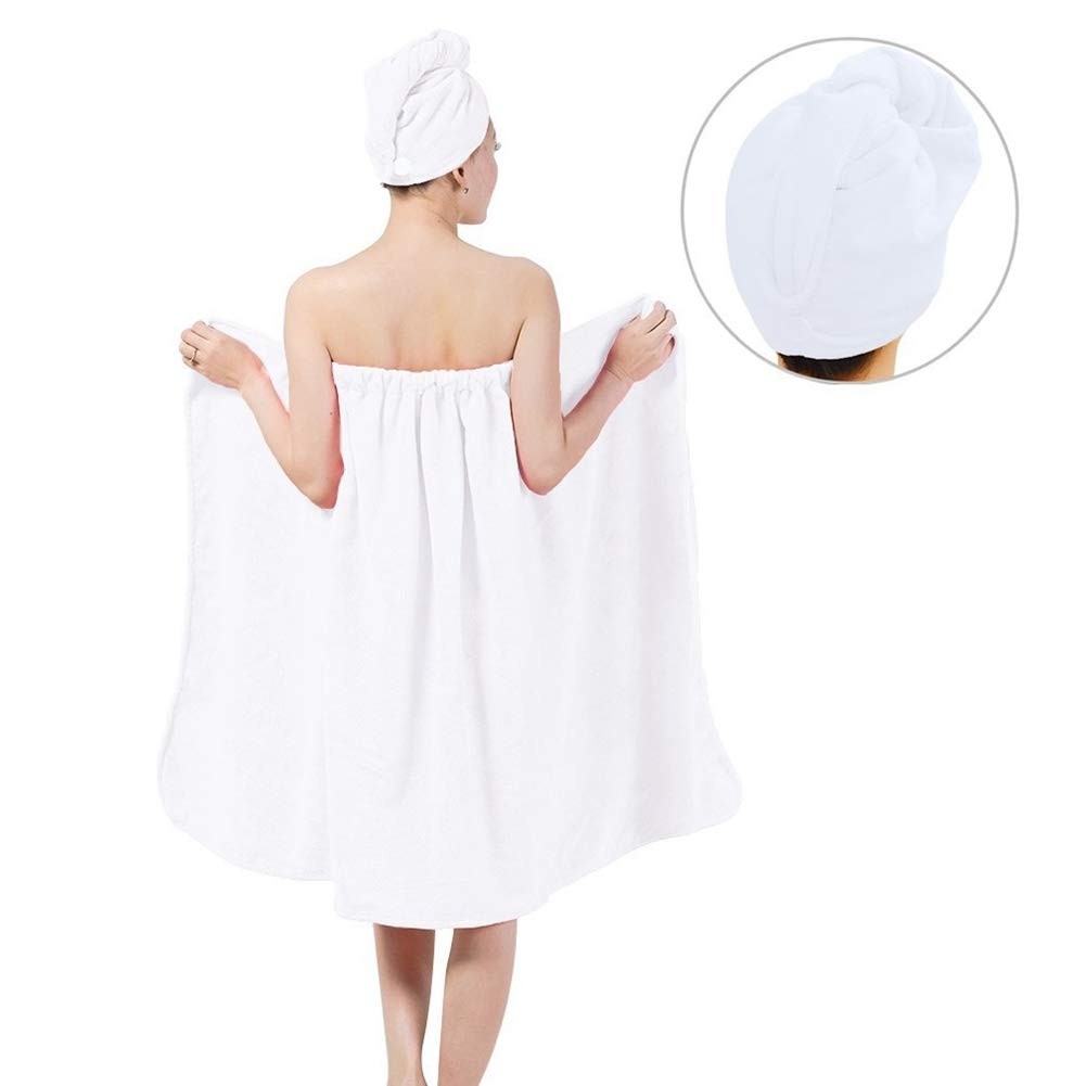 Keenso Womens Spa Bathrobe Set Hair Drying Cap - Soft Fast-Dry Wrap Towel