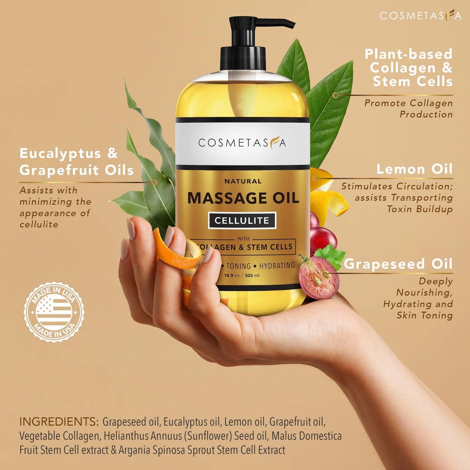 Large Cellulite Massage Oil Collagen Stem Cells- 100 Natural Cellulite Oil