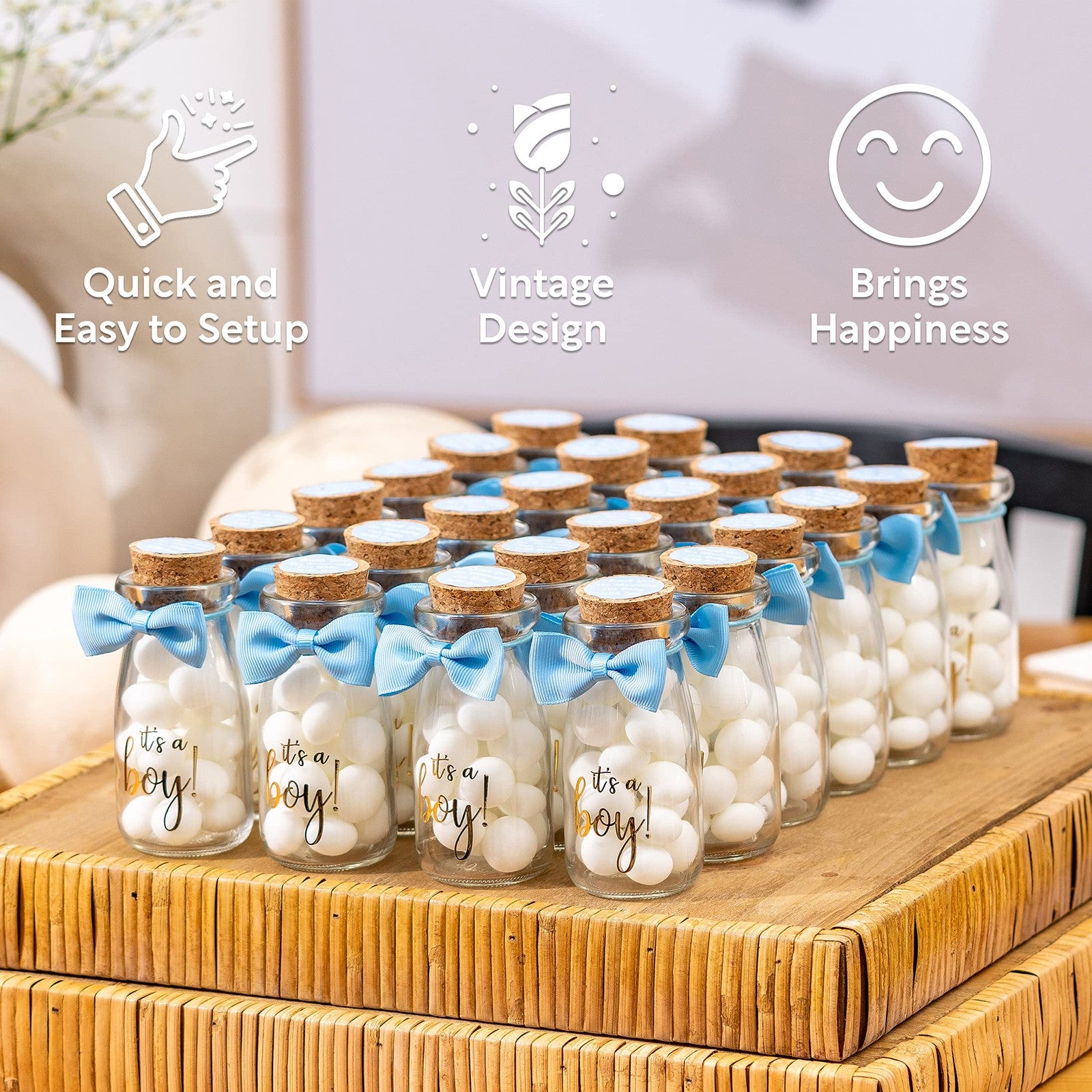 Ethisa Vintage 24 Pack Its A Boy Milk Glass Bottles Ribbons And Stickers -