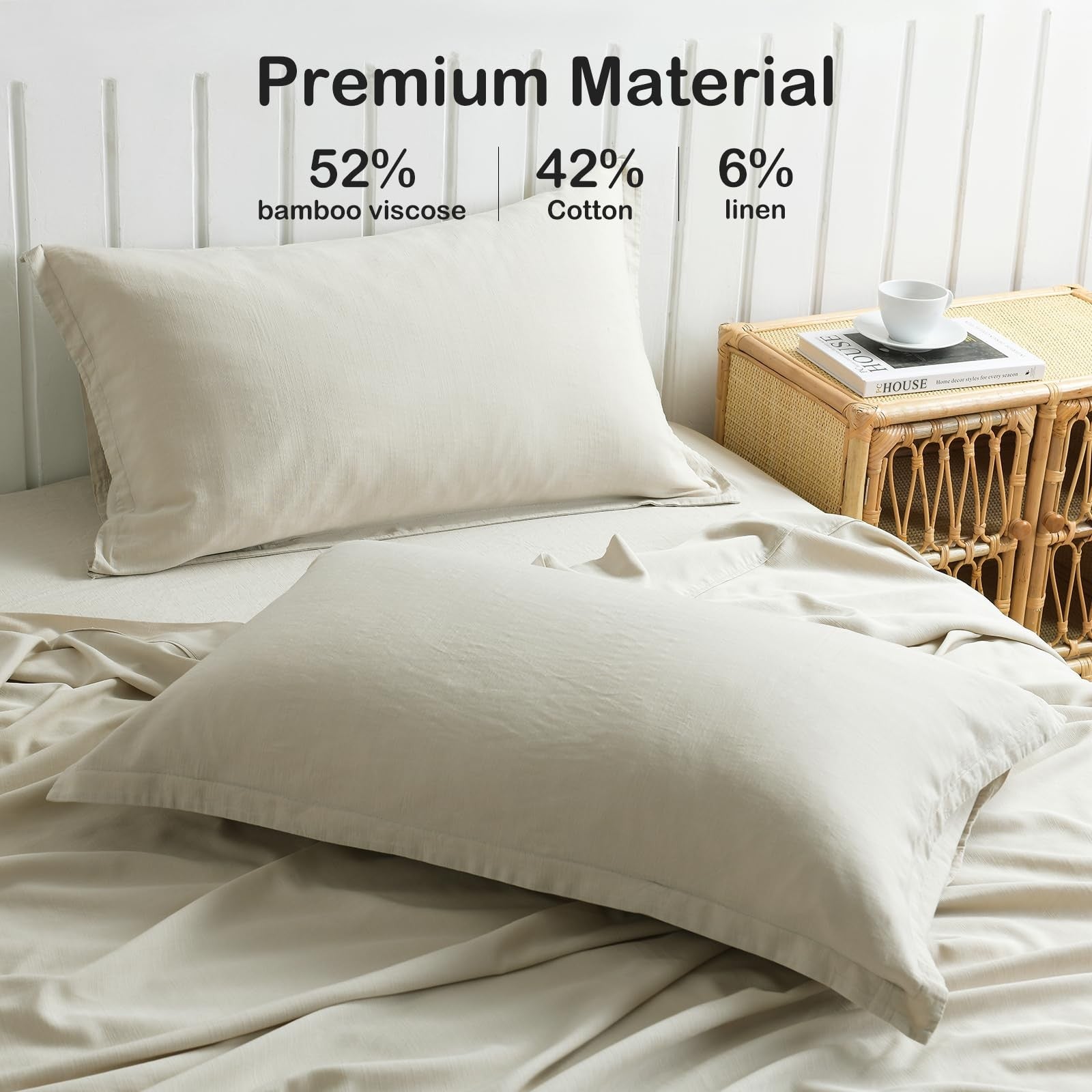 Pandatex Beige Linen-Textured Bed Sheets Set Bamboo Rayon Cotton Linen Blend