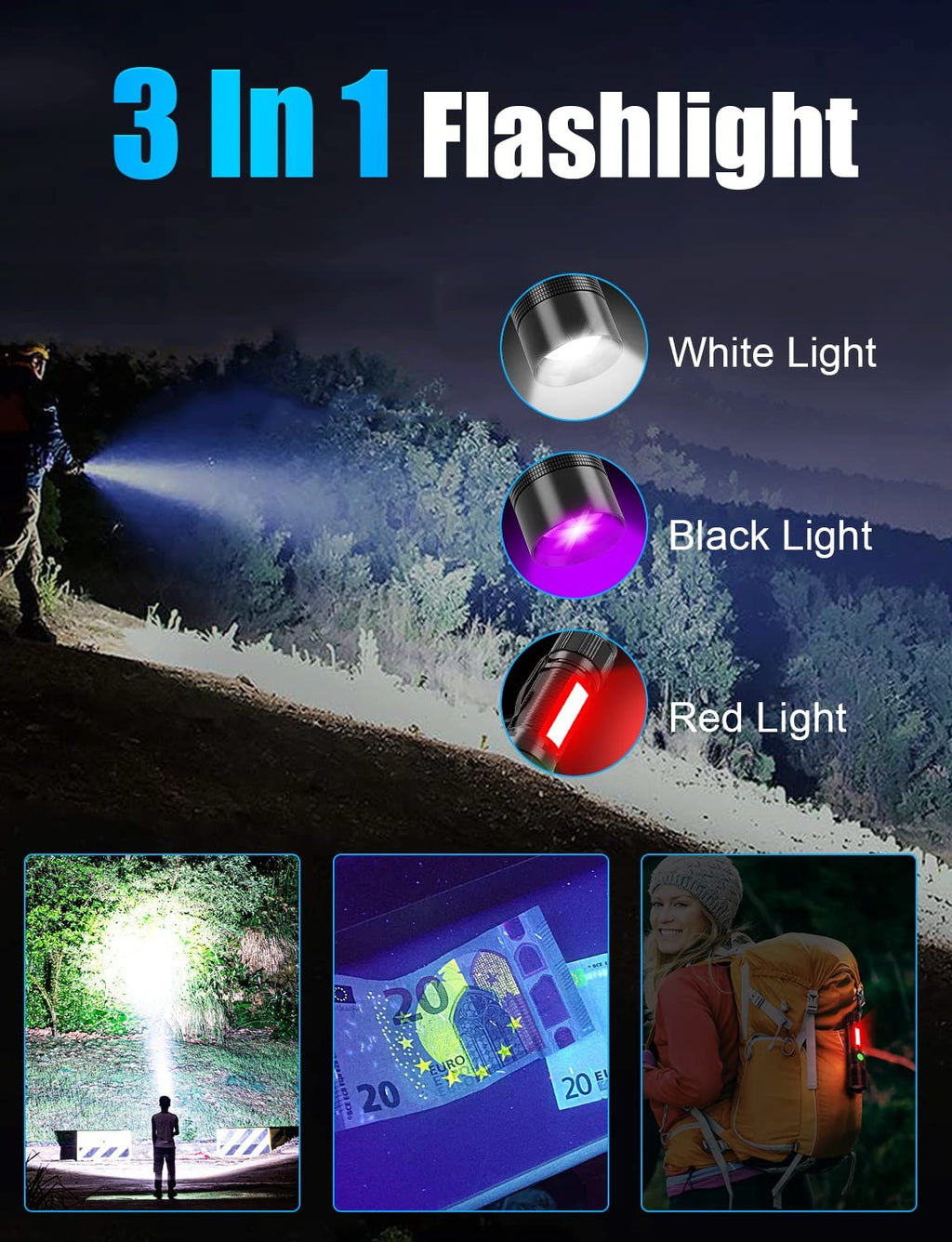 Vnina Uv Rechargeable Flashlights Tactical1000 High Lumens 3 In 1 Led Black