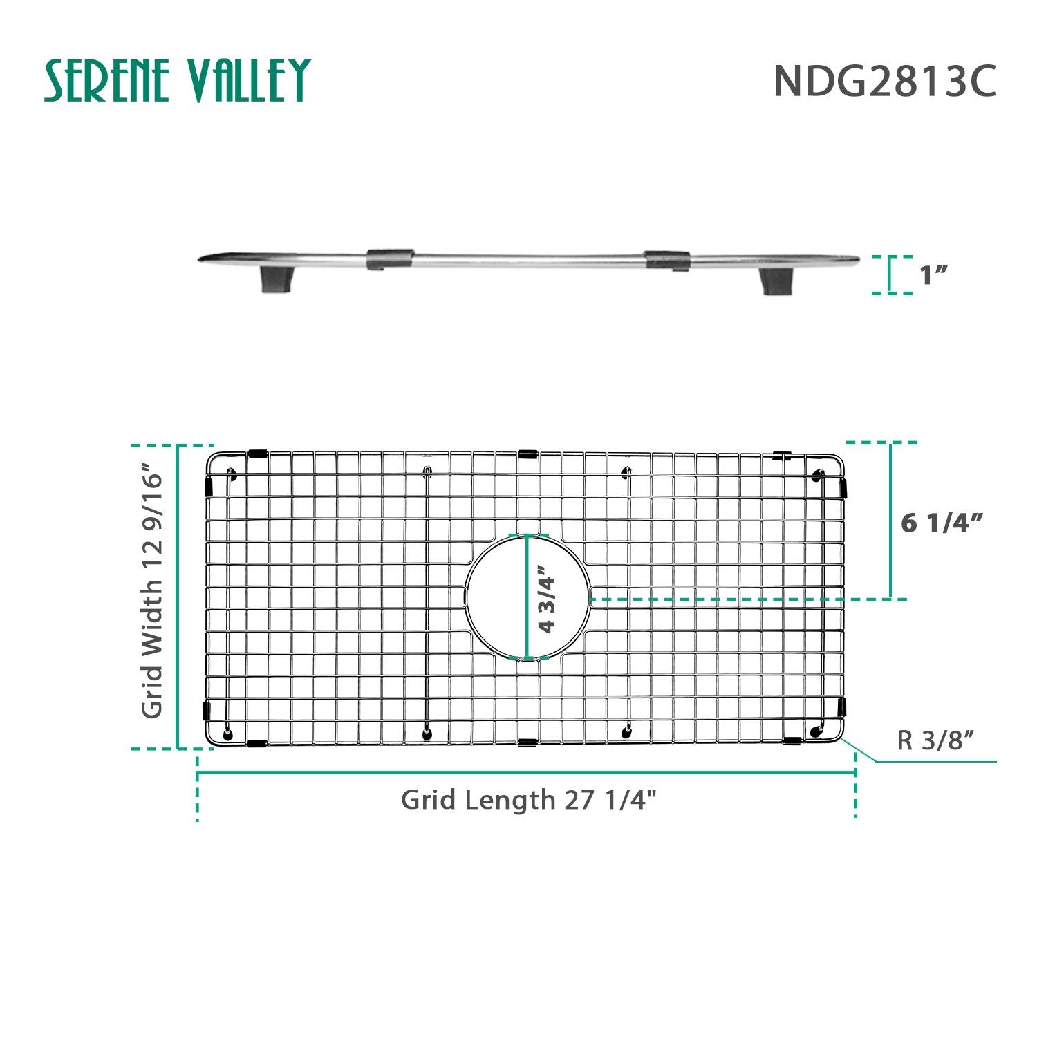 Serene Valley Sink Bottom Grid 27-1/4 X 12-9/16 Centered Drain Corner Radius