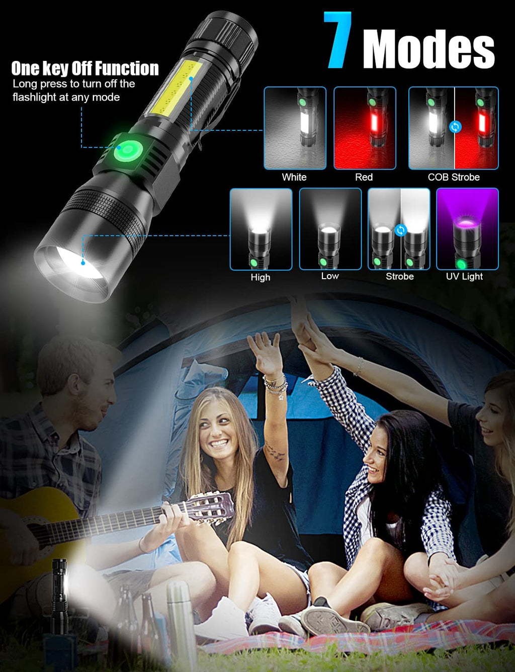 Vnina Uv Rechargeable Flashlights Tactical1000 High Lumens 3 In 1 Led Black