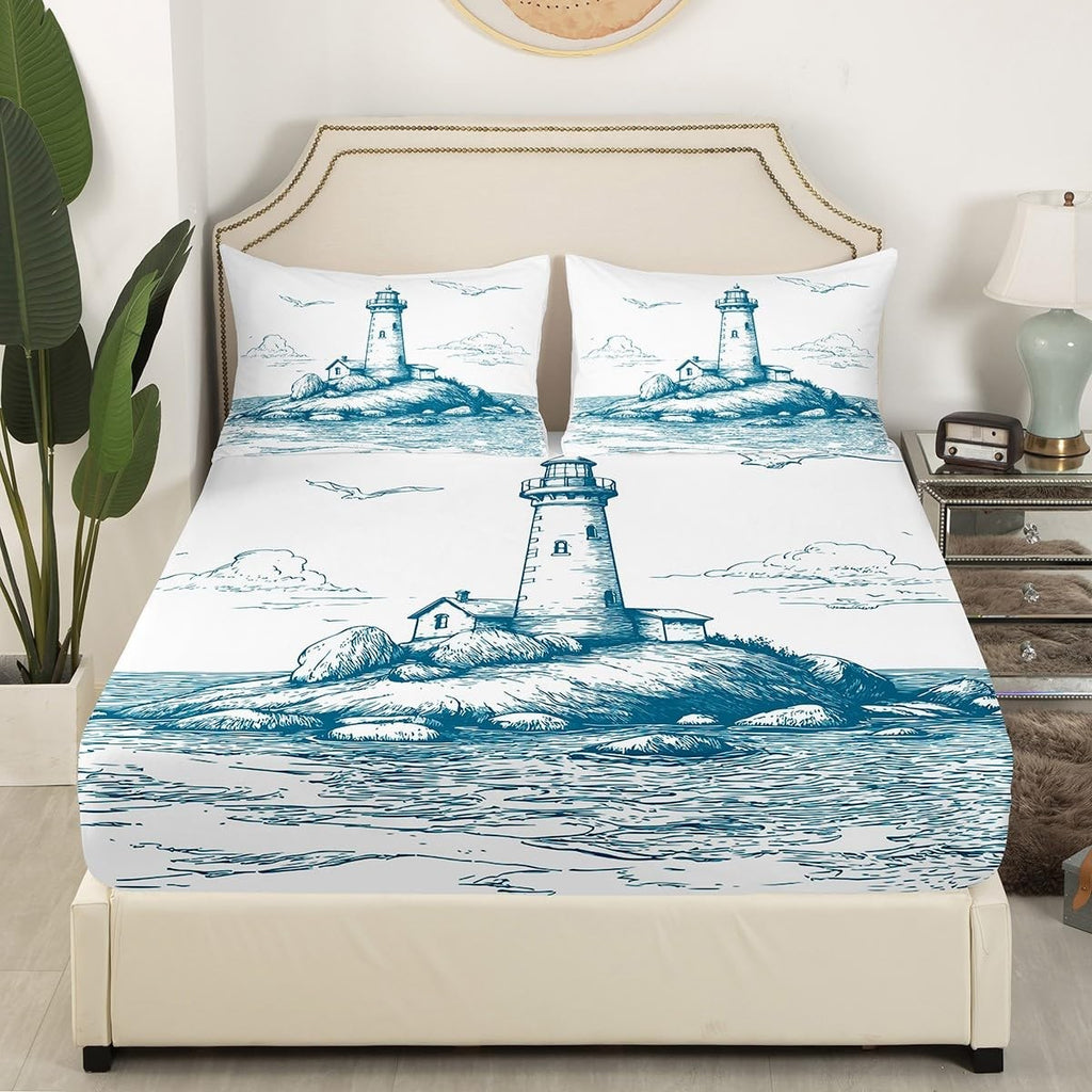 Erosebridal Lighthouse Fitted Sheet Twin Size Nautical Bedding Set Sea Wave