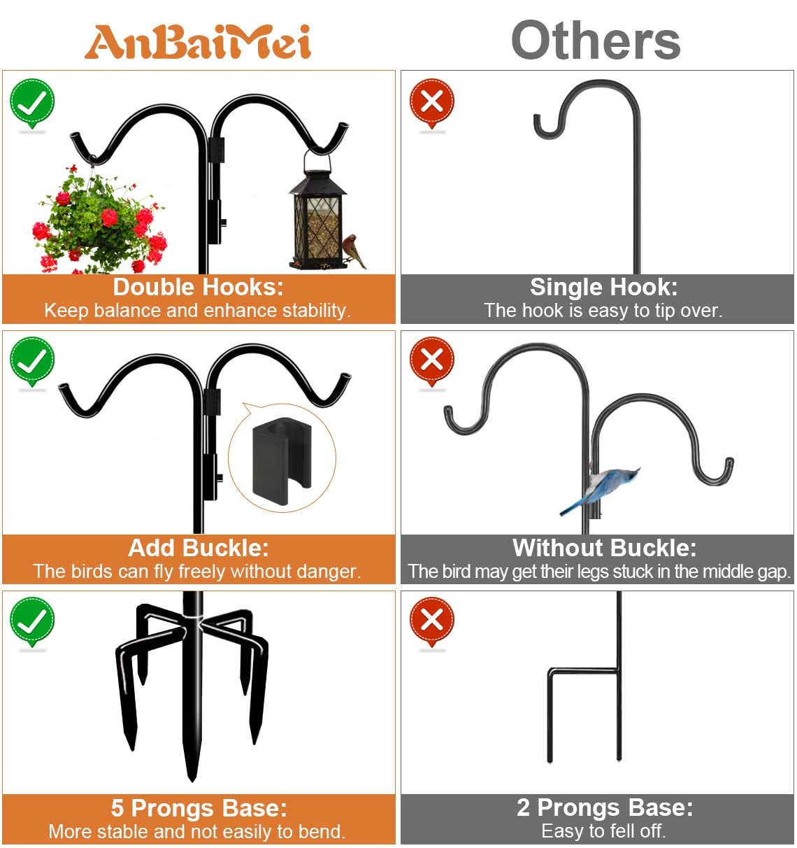 Anbaimei 60 Inch Double Shepherds Hook For Outdoor 5 Prong Base Adjustable