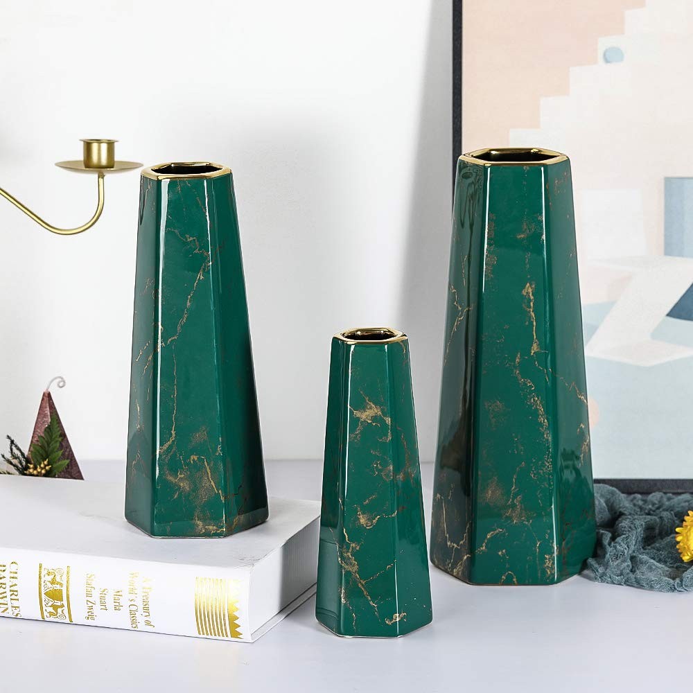 Hchlqlz 12Inch Green Gold Finish Marble Ceramic Flower Vase Home Decor Vase And