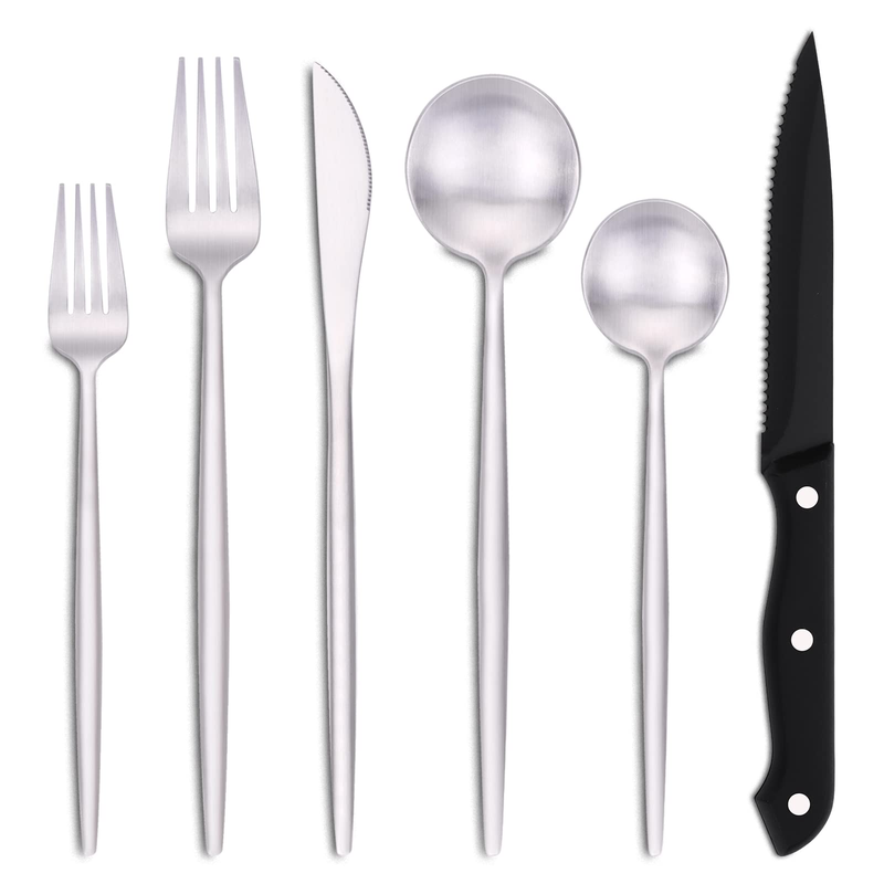 Euirio 48-Piece Matte Silverware Set Steak Knives Flatware Set For 8 Stainless
