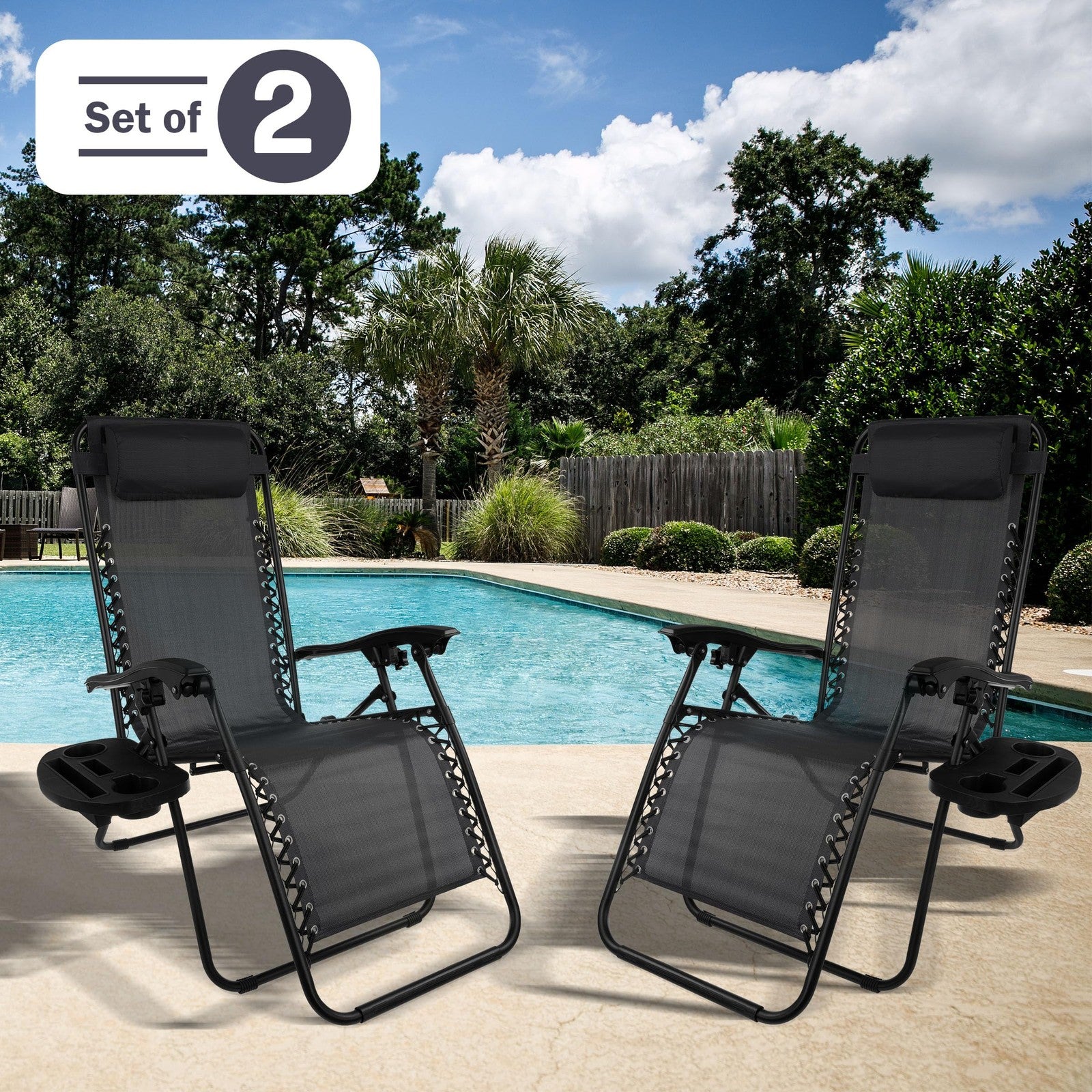 Zero Gravity Chairs - Set Of 2 Outdoor Chairs Side Tables 2 Cupholders Phone