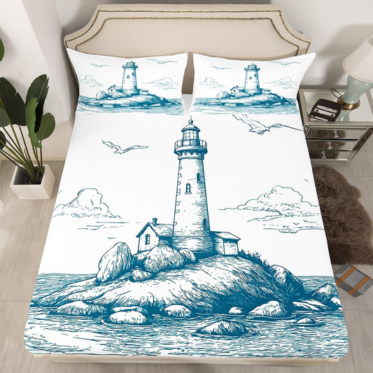 Erosebridal Lighthouse Fitted Sheet Twin Size Nautical Bedding Set Sea Wave