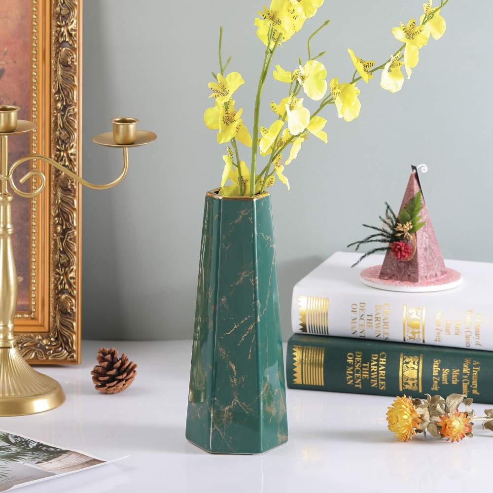Hchlqlz 10Inch Green Gold Finish Marble Ceramic Flower Vase Home Decor Vase And