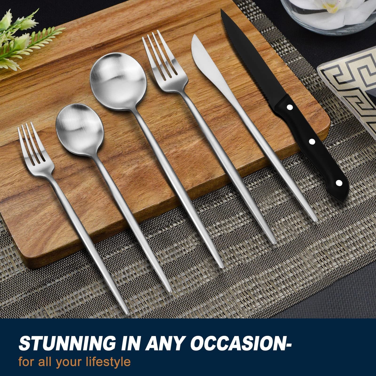 Euirio 48-Piece Matte Silverware Set Steak Knives Flatware Set For 8 Stainless