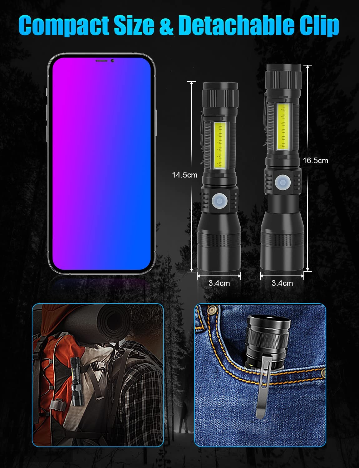 Vnina Uv Rechargeable Flashlights Tactical1000 High Lumens 3 In 1 Led Black