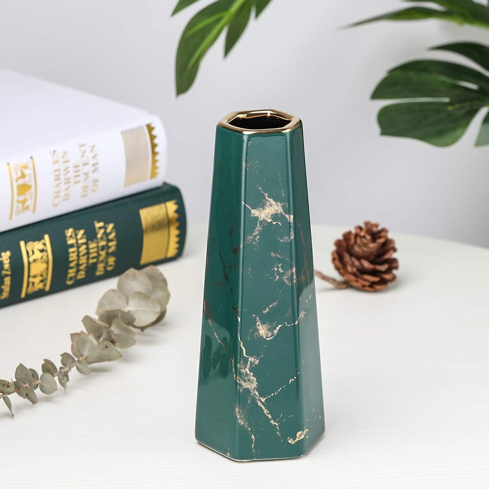 Hchlqlz 10Inch Green Gold Finish Marble Ceramic Flower Vase Home Decor Vase And