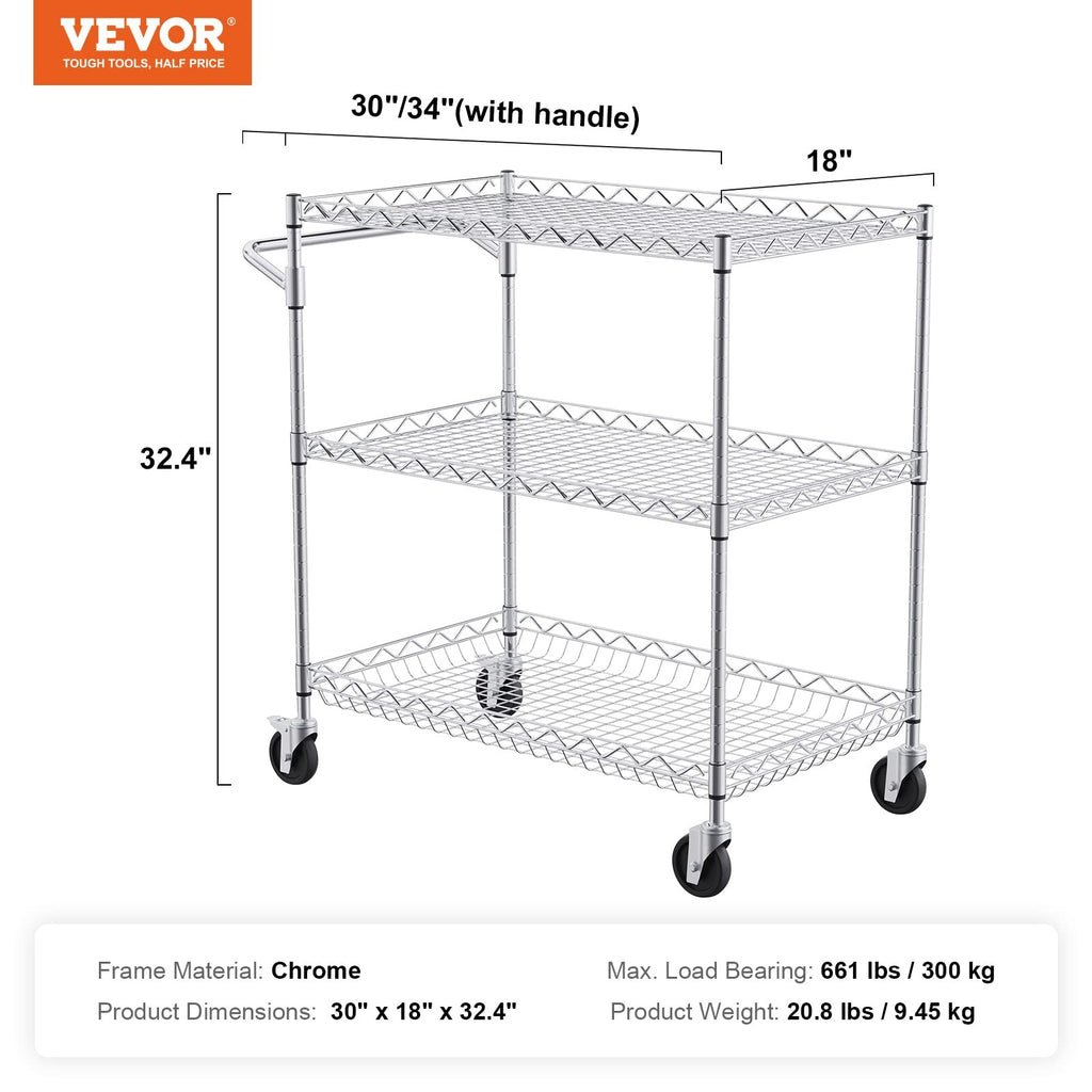 Vevor Kitchen Utility Cart 3 Tiers Wire Rolling Table 661 Lbs Capacity Steel