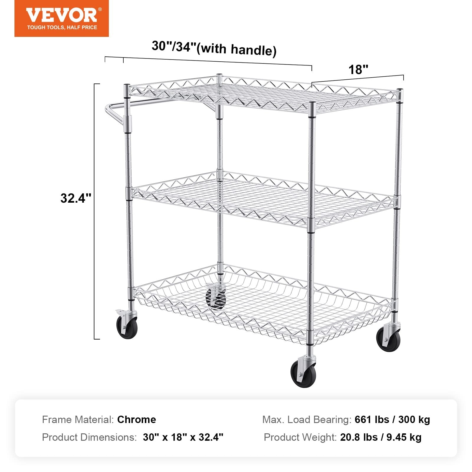 Vevor Kitchen Utility Cart 3 Tiers Wire Rolling Table 661 Lbs Capacity Steel