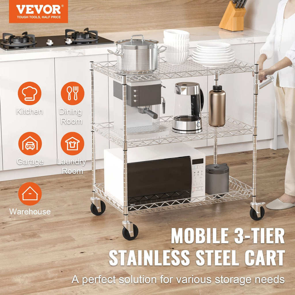Vevor Kitchen Utility Cart 3 Tiers Wire Rolling Table 661 Lbs Capacity Steel