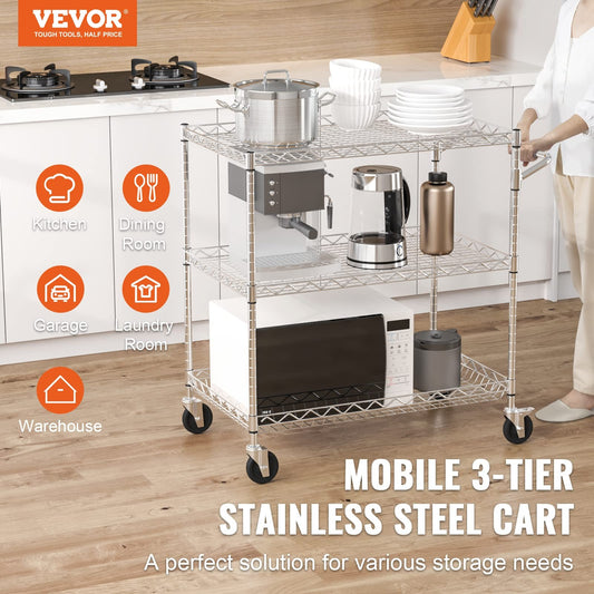Vevor Kitchen Utility Cart 3 Tiers Wire Rolling Table 661 Lbs Capacity Steel