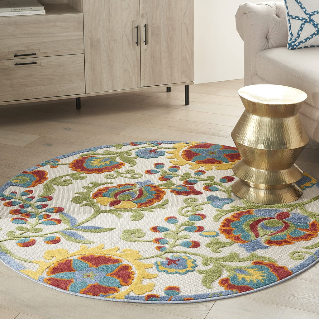 Nourison Home Aloha Ivory Multicolor 53 X Round Area Rug - Easy Clean Non