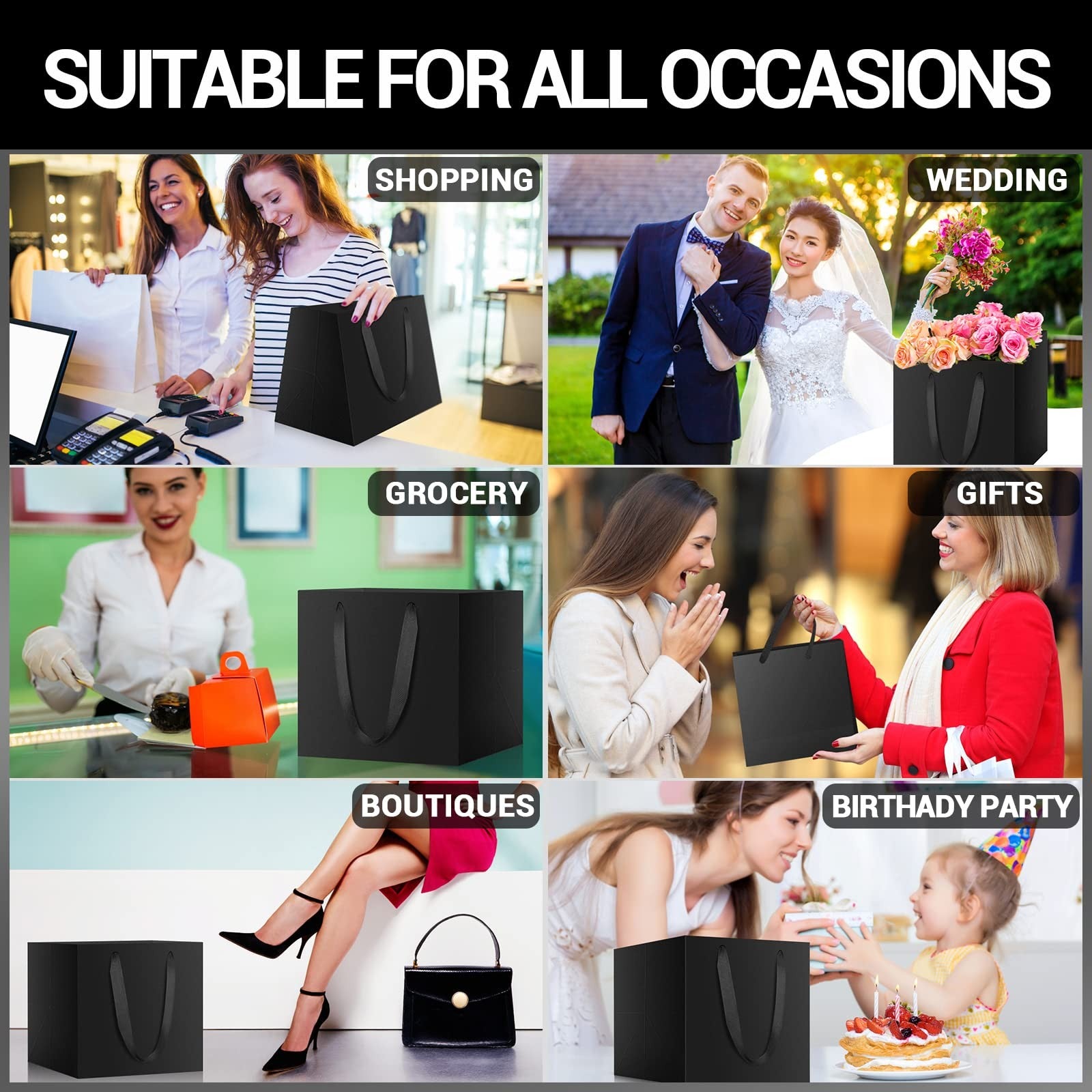 Eusoar Black Bags Handles 10X10X10 Inches Pack Of 20 Paper Gift Bag Handles