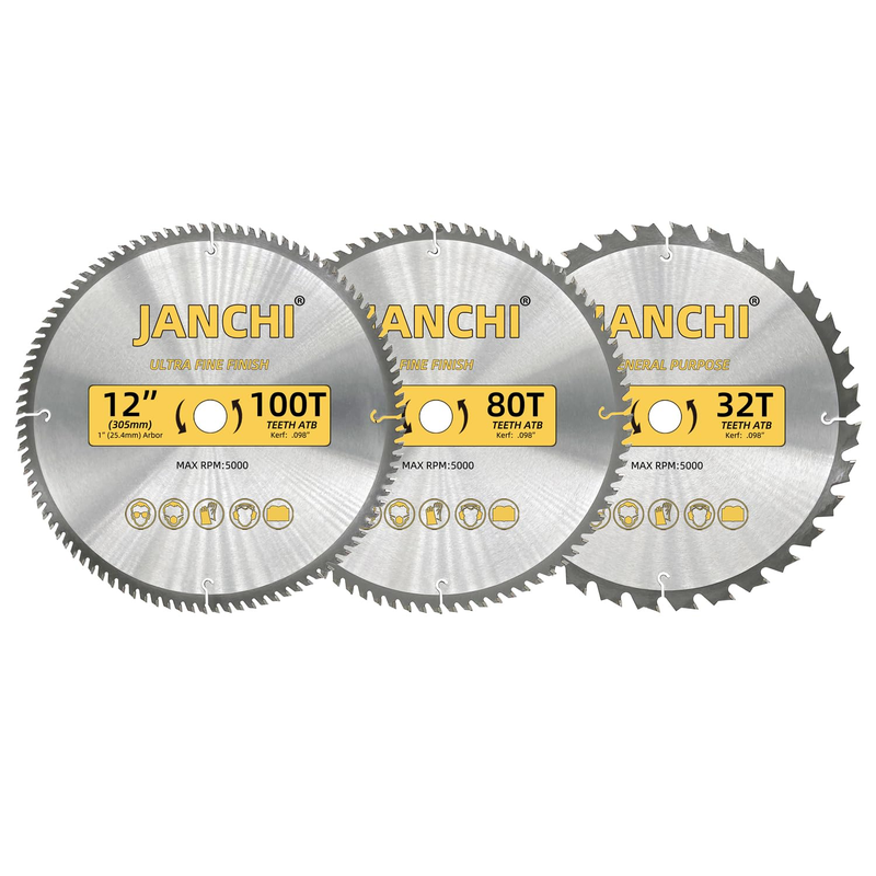 Janchi 3Pack Combo 12-Inch 32T 80T 100T Woodworking Saw Blades 1 Arbor 098 Thin