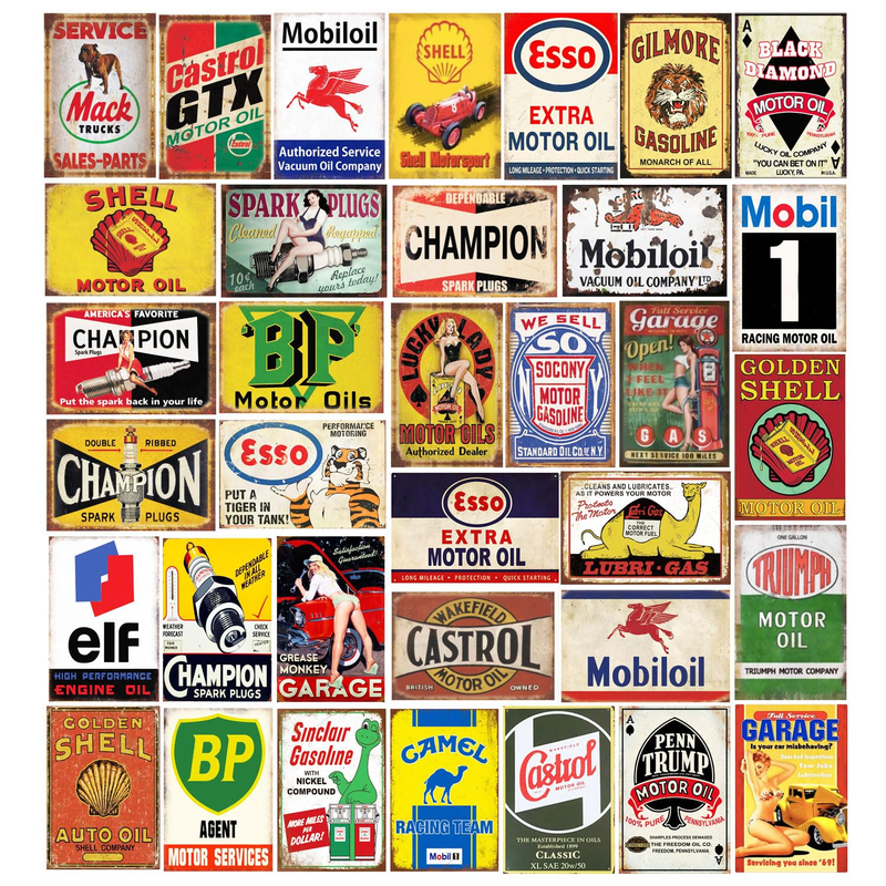 Panguru 35 Pieces Reproduced Vintage Tin Signs Gas Oil Retro Advert Antique