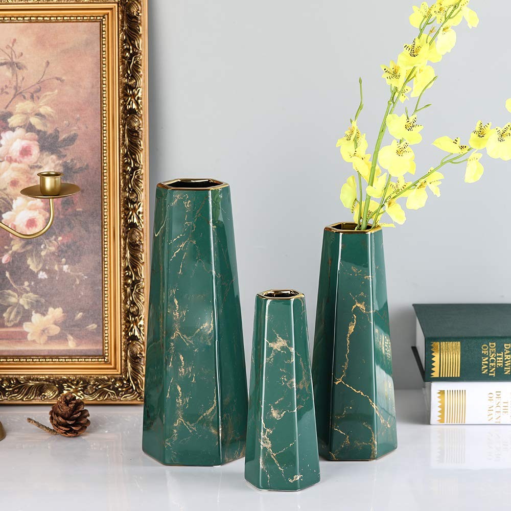 Hchlqlz 12Inch Green Gold Finish Marble Ceramic Flower Vase Home Decor Vase And