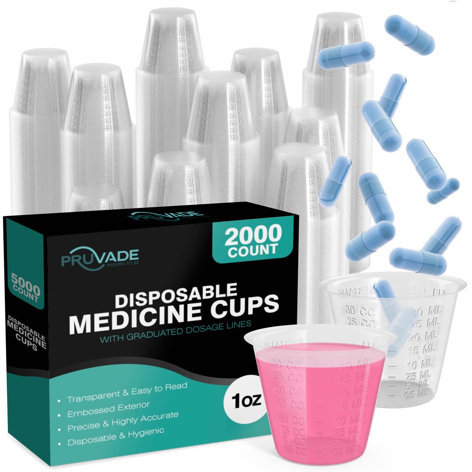 2000 Pack - 1 Oz. Pruvade Disposable Medicine Cups Graduated Dosage Lines For