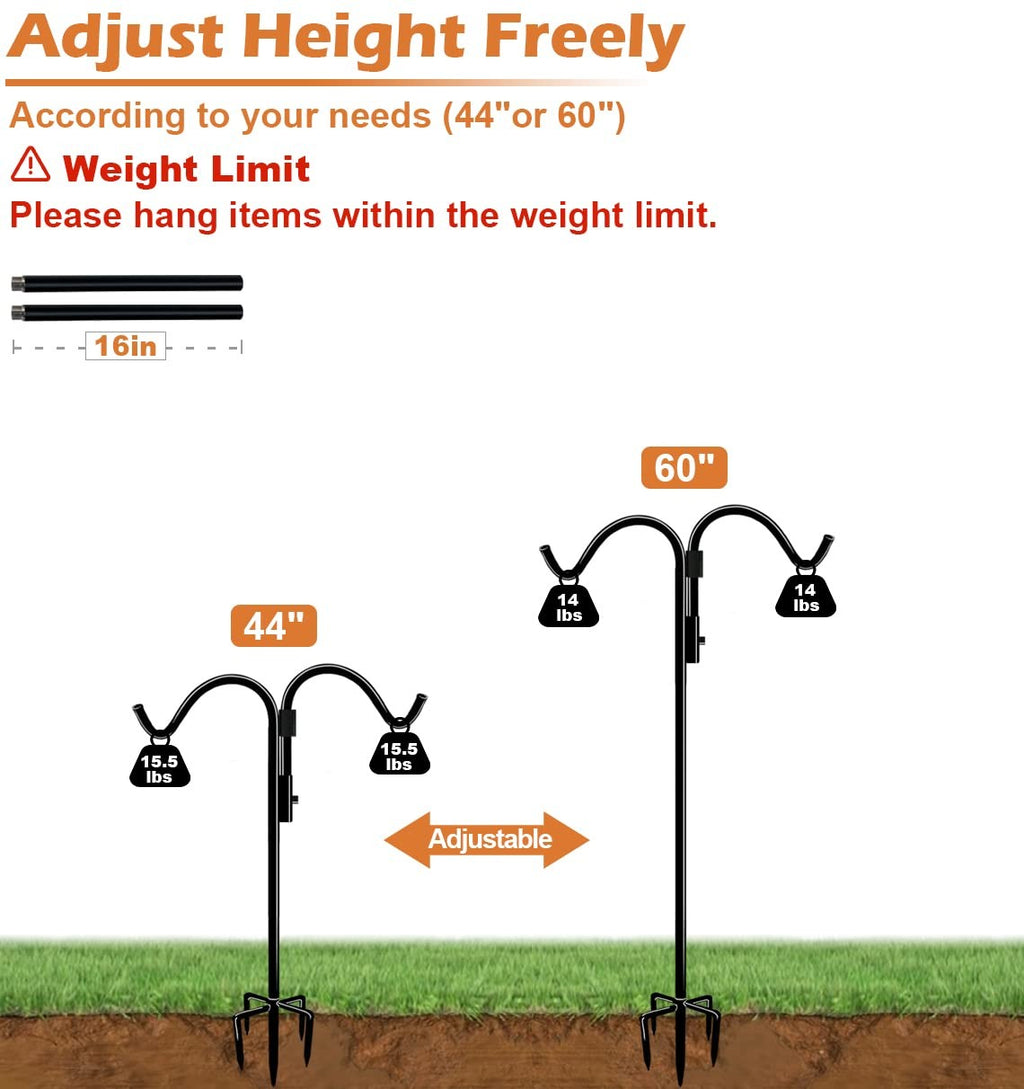 Anbaimei 60 Inch Double Shepherds Hook For Outdoor 5 Prong Base Adjustable