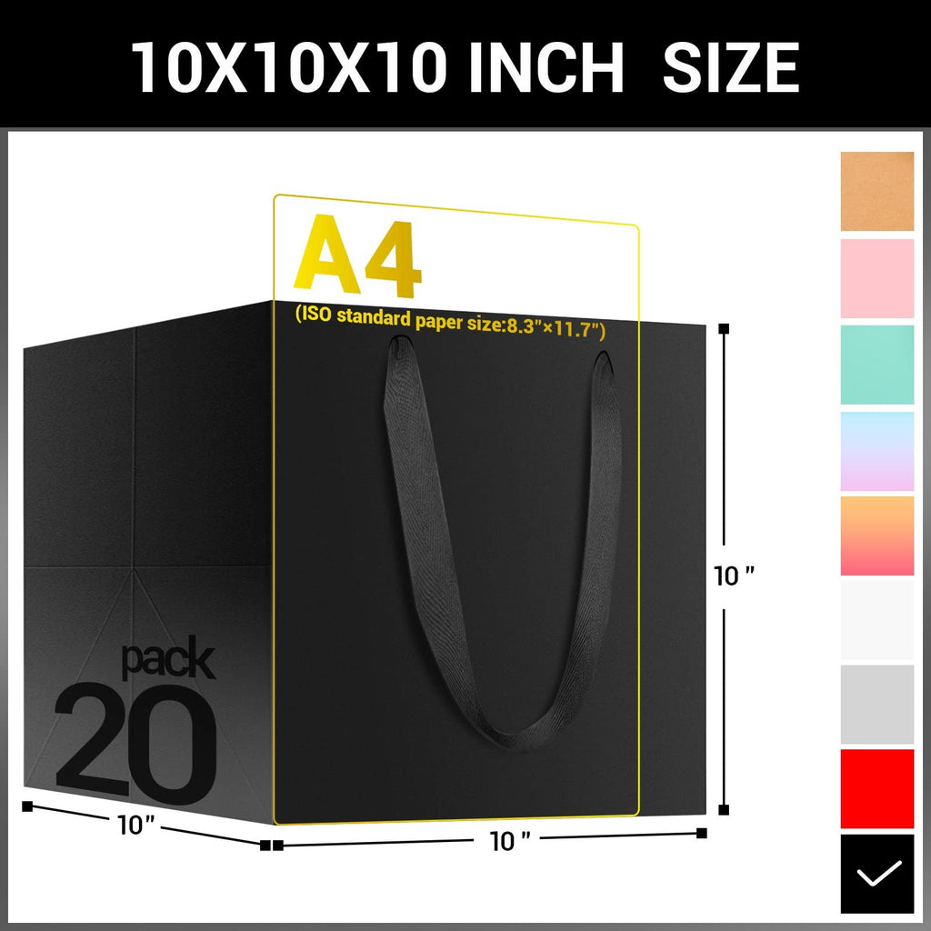 Eusoar Black Bags Handles 10X10X10 Inches Pack Of 20 Paper Gift Bag Handles