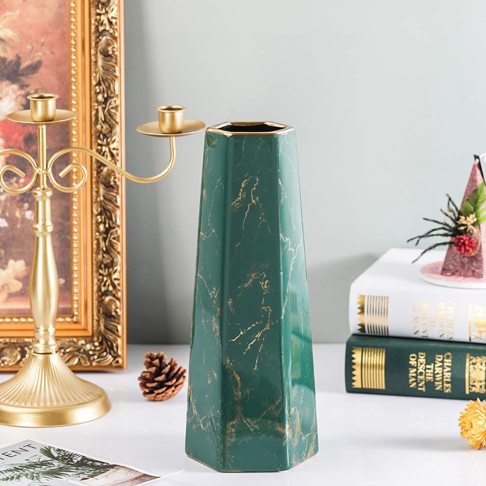 Hchlqlz 12Inch Green Gold Finish Marble Ceramic Flower Vase Home Decor Vase And