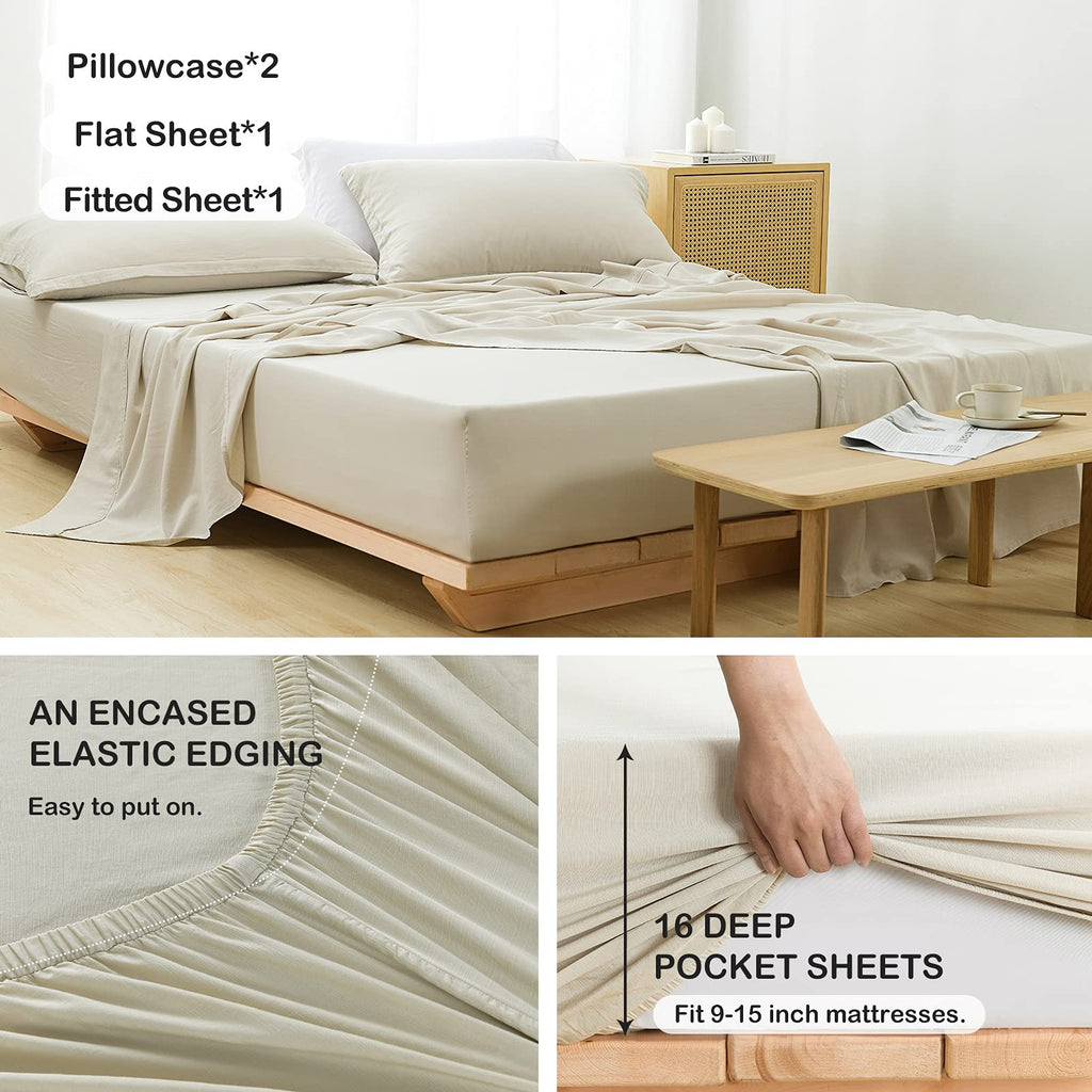 Pandatex Beige Linen-Textured Bed Sheets Set Bamboo Rayon Cotton Linen Blend