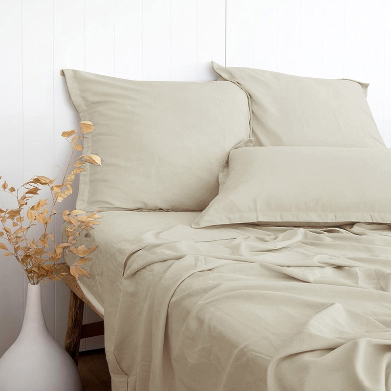 Pandatex Beige Linen-Textured Bed Sheets Set Bamboo Rayon Cotton Linen Blend