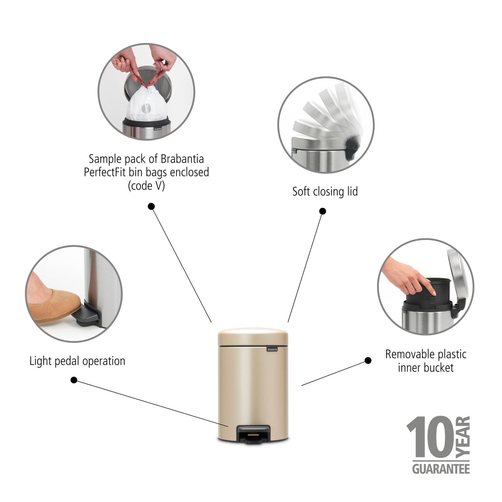 Brabantia Step-On Xs Trash Can Metallic Gold 0.8 Gallon / 3L Bathroom Bedroom