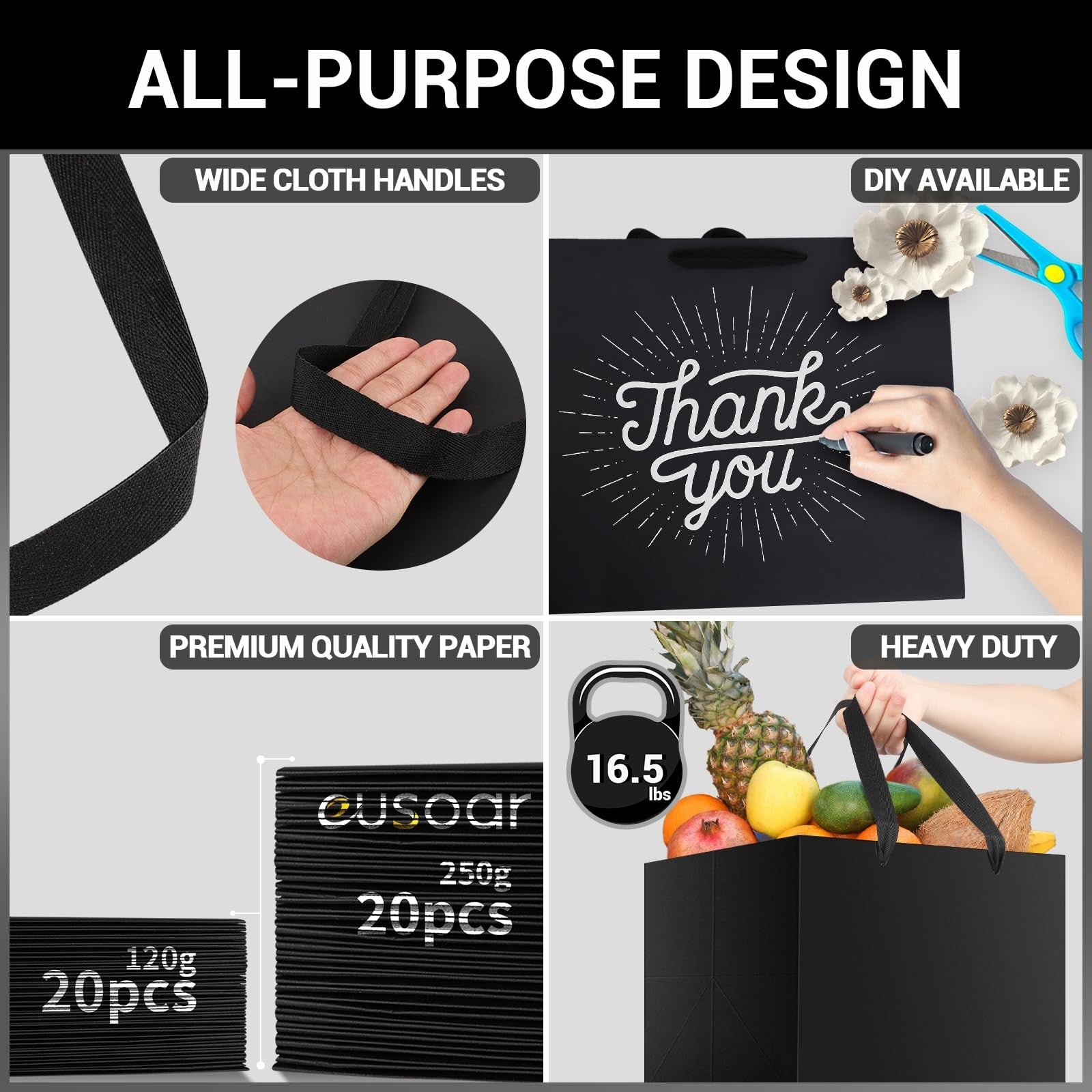 Eusoar Black Bags Handles 10X10X10 Inches Pack Of 20 Paper Gift Bag Handles
