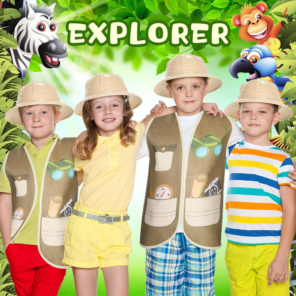 Geyoga 48 Pcs Explorer Costume Kids 24 Safari Vest And 24 Safari Hats Explorer