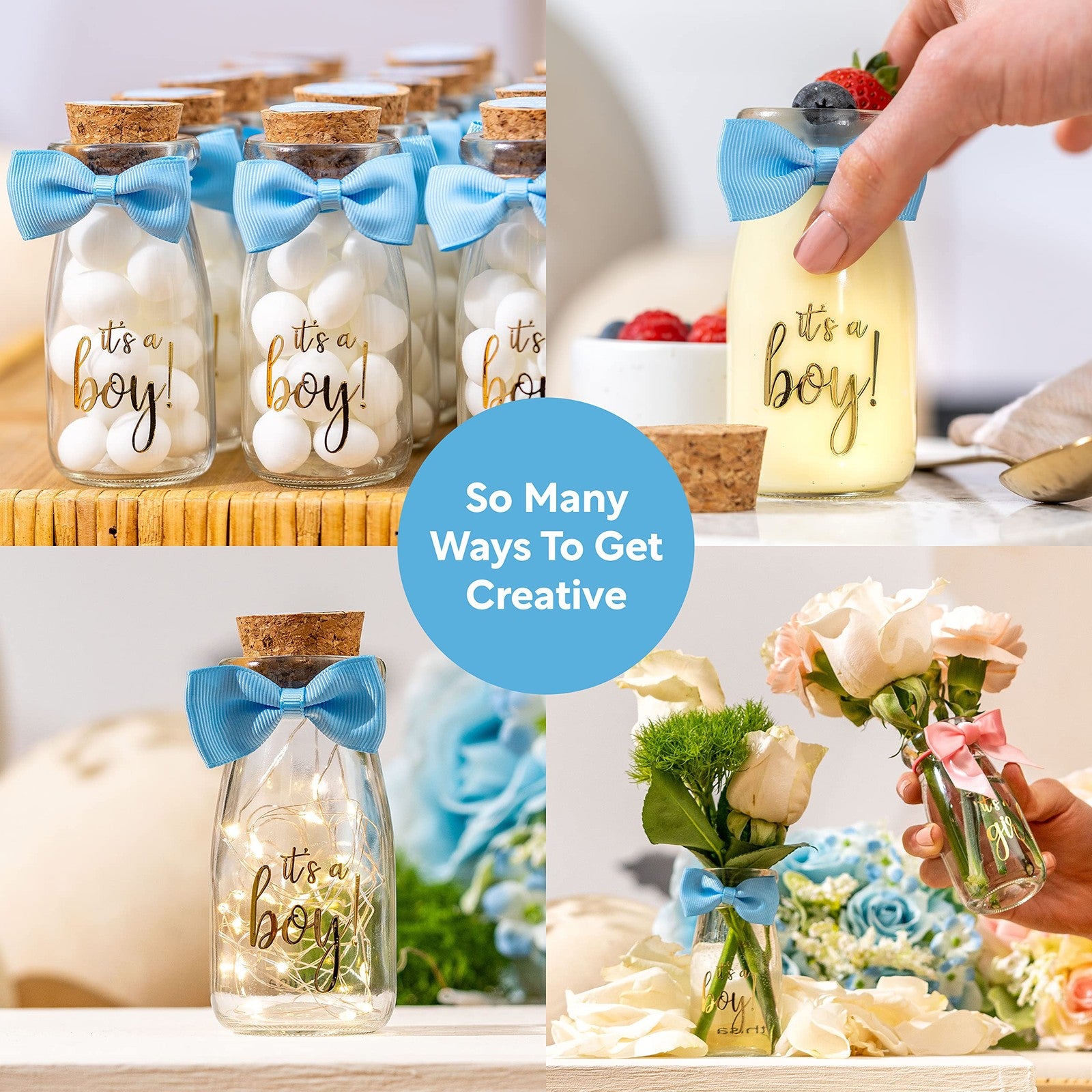 Ethisa Vintage 24 Pack Its A Boy Milk Glass Bottles Ribbons And Stickers -